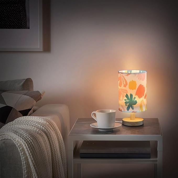 Colorful Brush LED Table Lamp, Bedside Lamp with Linen Lampshade, Flicker-Free Eye Care USB Plug in Nightstand Lamp, for Bedroom and Office