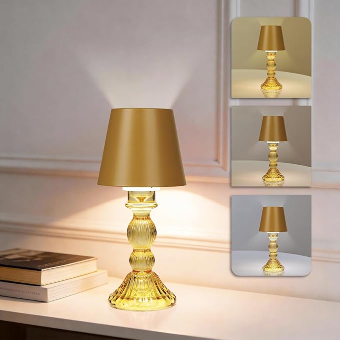 MJ PREMIER Cordless Table Lamp, Small Rechargeable Lamp with Touch Control, 9.5" H, 3 Color Stepless Dimming Battery Operated Lamps for Bedroom/Living Room/Bathroom/Kitchen/Corner/Entryway (Yellow)