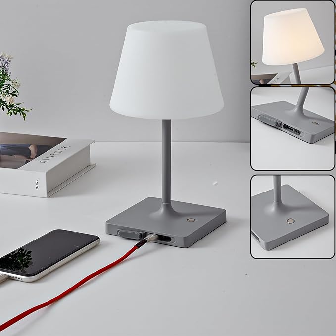 Portables Cordless Table Lamp Rechargeable, Outdoor Battery Operated Waterproof Shower Lamp,4000mAh LED 3 Colors Dimmable Desk Lamps for Balcony Camping Bar,Small Night Light-Grey