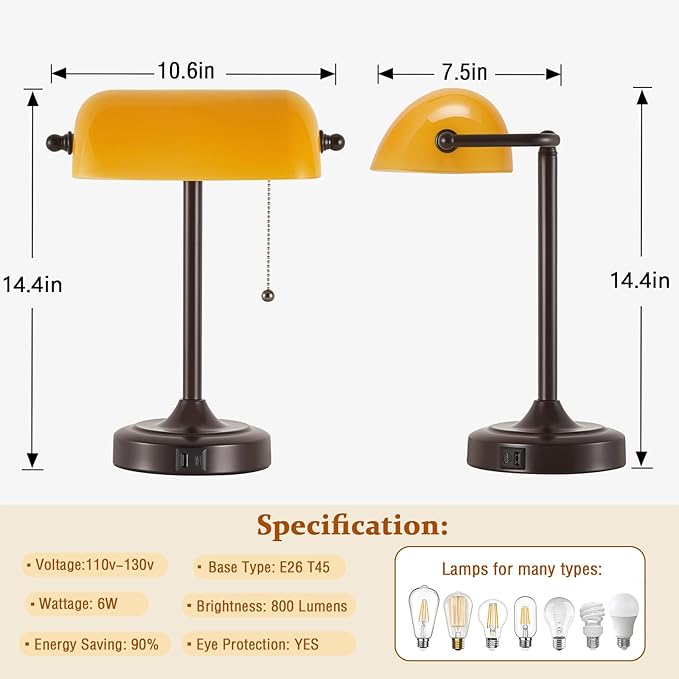 Vintage Bankers Lamp - Retro Desk Lamp with USB & Type C Charging Ports Traditional Pull Chain Switch Library Table Lamp for Home Office Nightstand Bedroom Side Table Lamp(Amber Glass Shade)