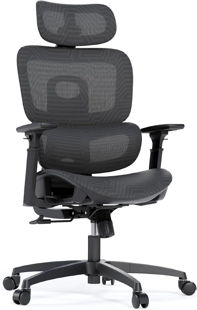 Ergonomic Mesh Office Chair, Adjustable Headrest, 3D Armrests, Lumbar Support, Tilt Lock Function, Breathable High-Back Desk Chair Computer Chair for Home Office Work, Study, Gaming, Black