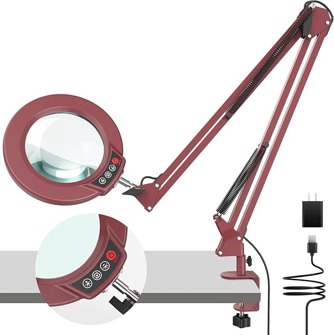 10X Magnifying Glass with Light and Clamp, Real Glass Stand Lighted Magnifier, 5 Color Modes Stepless Dimmable LED Desk Lamp Hands Free for Crafts Hobby Reading Painting Sewing Close Work - Large RED