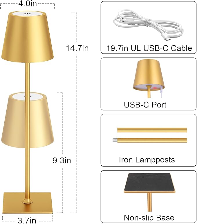 Kakanuo Gold Cordless Rechargeable Table Lamp 5000mAh Battery Operated Lamps, 3 Colors Stepless Dimming Touch Lamp for Living Room, Kitchen Counter, Dining, Outdoor Patio, 2 Pack
