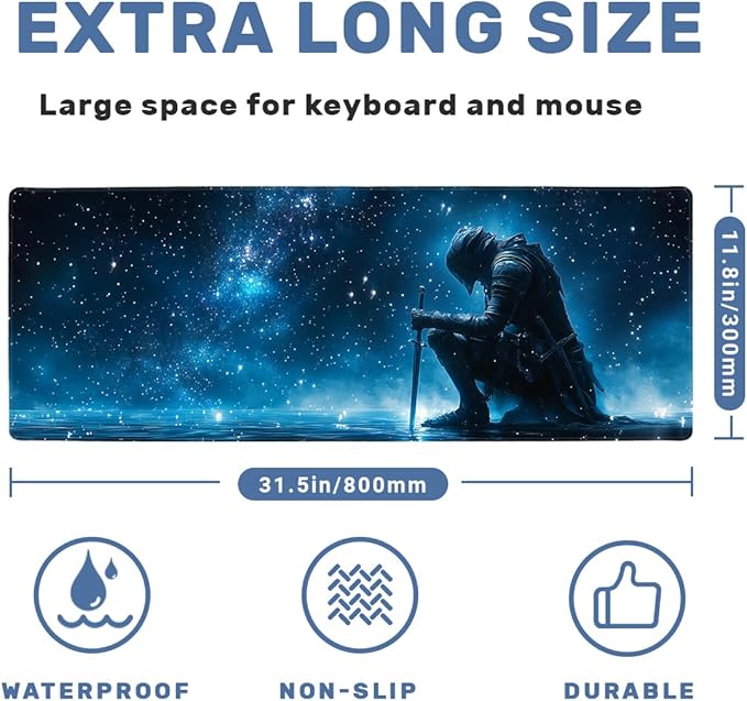 Knight Desk Mat Gaming Large Mouse Pad Cosmic Sky Blue Galaxy Mousepad for Keyboard and Mouse Extra Large Full Desk Computer Pads 31.5 x 11.8 Mouse Pads for Desk Home Office Gaming