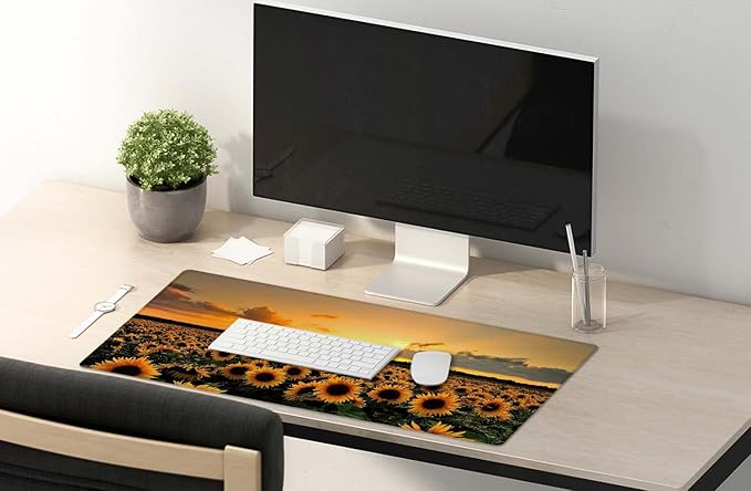 SSOIU Extended Gaming Mouse Pad XXL ArtSo Large Keyboard Mat Long Mousepad Desk Decor Writing Pad Non Slip Rubber Base Stitched Edges for Work, Game, Office, Home, 35.5" x 15.7", Sunflower Field