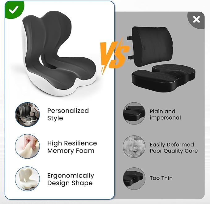 Seat Cushion, Memory Foam Car Seat Cushion with L-Shaped Ergonomic Design, Tailbone & Sciatica Support Cushion for Office Chair, Car, Truck Drivers, Long Work Sessions and Wheelchair