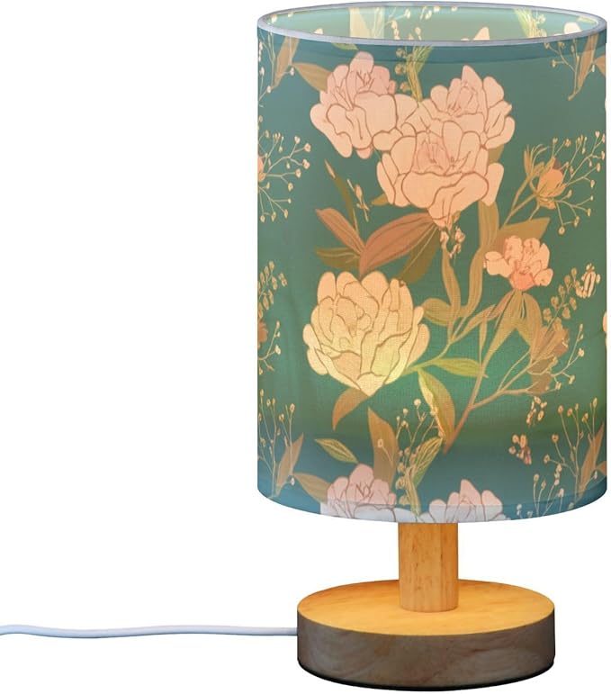 Teal Flora LED Table Lamp, Bedside Lamp with Linen Lampshade, Flicker-Free Eye Care USB Plug in Nightstand Lamp, for Bedroom and Office
