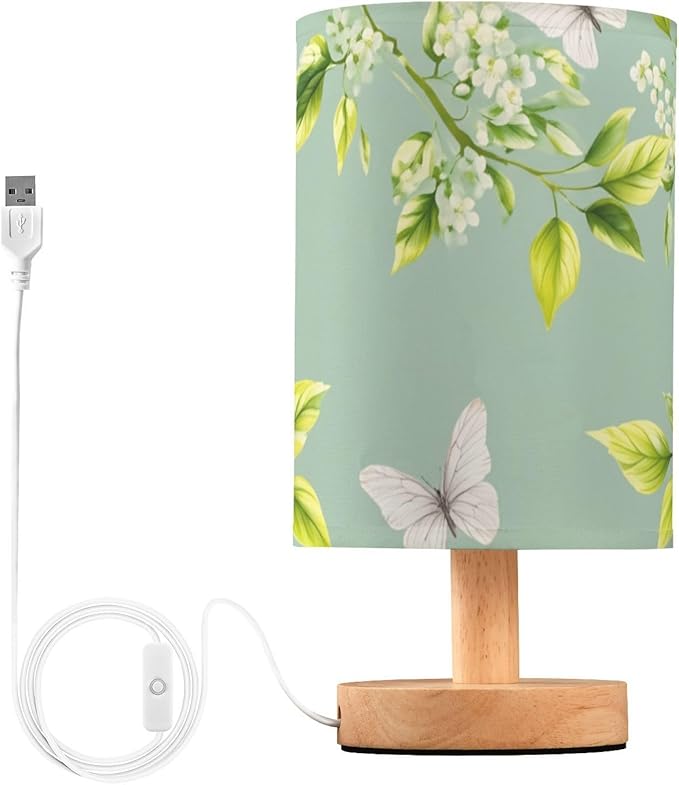 Green Butterfly LED Table Lamp, Bedside Lamp with Linen Lampshade, Flicker-Free Eye Care USB Plug in Nightstand Lamp, for Bedroom and Office
