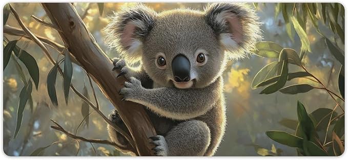 Large Ergonomic Gaming Mouse Pad Baby Koala on Eucalyptus Branch - Adorable Wildlife Theme with Non-Slip Base Water-Resistant Surface and Stitched Edges 40x90cm