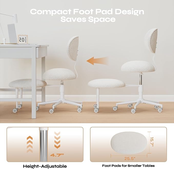 Ergonomic Cross Legged Office Chair with Wheels, Focus-Friendly Chair for Adults, Meditation Chair, Yoga Office Chair, Comfortable Lumbar Support, Height Adjustable, Small Spaces, Teddy Fabric, White