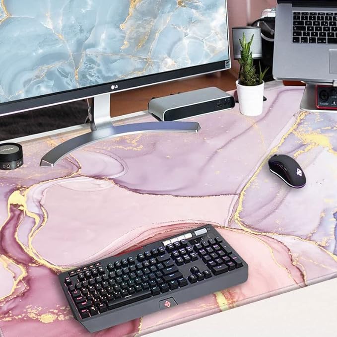 Gaming Mouse Pad Giant 48x24 Desk Mat Oversized Large Mousepad Jumbo Huge Desk Pad Pink Marble Protector Mat XXXL Non Slip Computer Mat for Wireless Desktop Work
