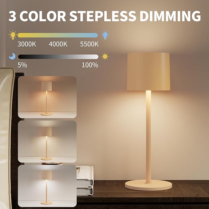 Cordless Table Lamp, Portable LED Desk Lamps, 4400mAh Battery Powered Wireless Table Light, 3 Color Stepless Dimming Up,for Restaurant, Bedroom, Outdoor Camping, Night Light (Sand)