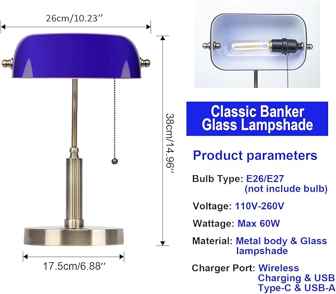 FIRVRE Bankers Lamp with2 USB and Wireless Charging Port，Pull Chain Switch Blue Glass Desk Lamp， E26 Base,Traditional Library Desk Lamps for Home Office,Bedroom,Piano