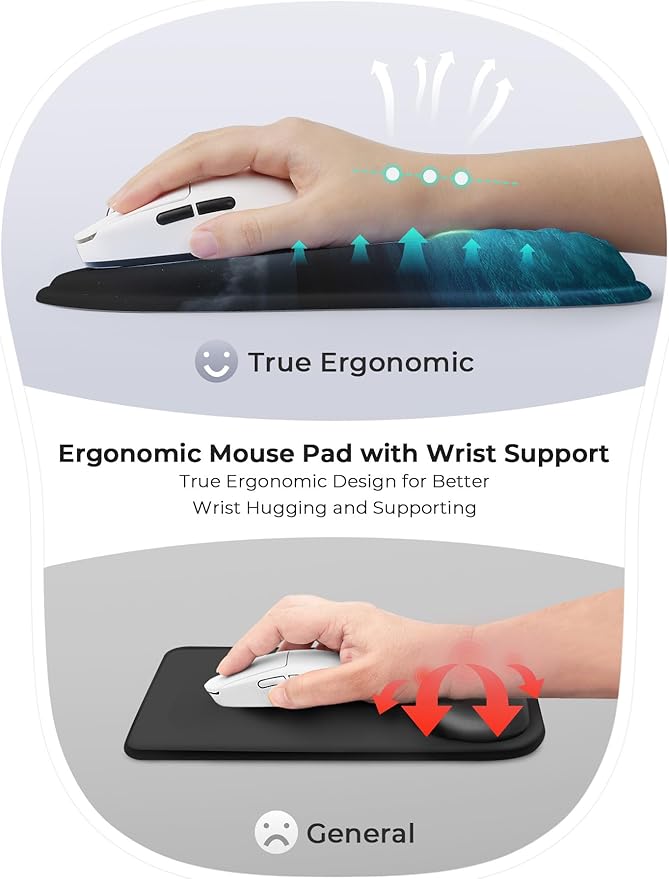 Blue Ocean and Moon Aesthetic Ergonomic Mouse Pad for Carpal Tunnel Pain Relief, 65% Usable Mouse Area, Memory Foam Concave Wrist Rest for Office, PC, Gaming