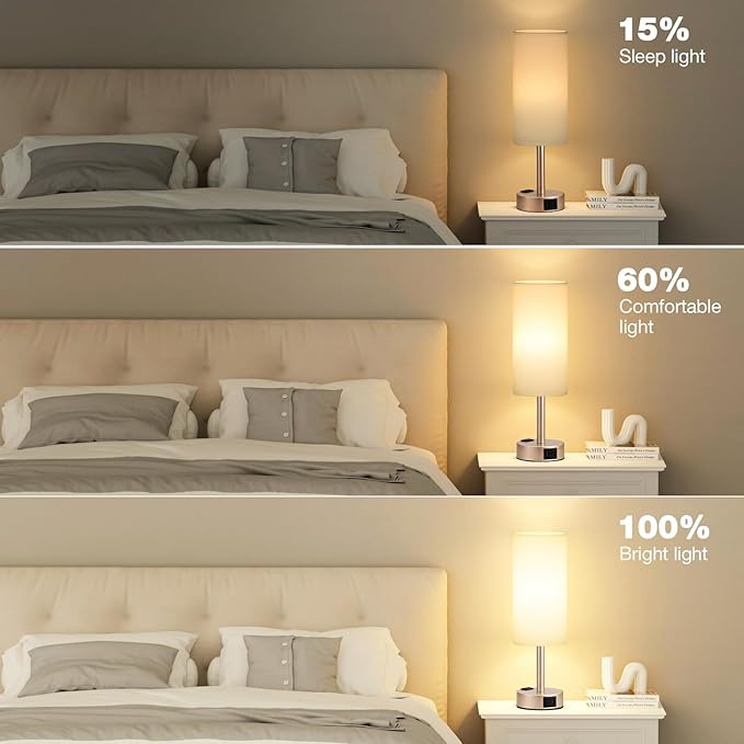 Antique White Bedside Table Lamp for Bedroom - 3 Way Dimmable Touch Lamp USB C Charging Ports and AC Outlet, Small Lamp Gold Base Round Flaxen Fabric Shade for Living Room, Desk, LED Bulb Included