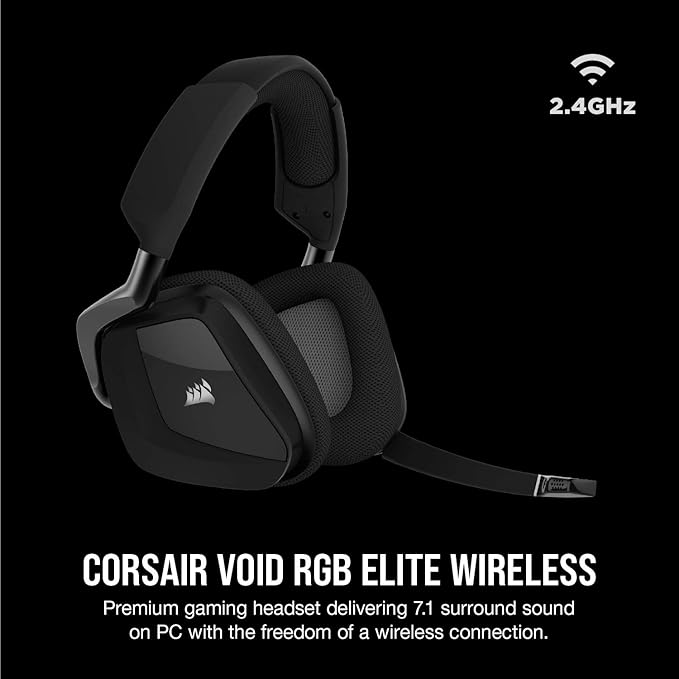 Corsair Void RGB Elite Wireless Gaming Headset – 7.1 Surround Sound – Omni-Directional Microphone – Microfiber Mesh Earpads – Up to 40ft Range – iCUE Compatible – PC, Mac, PS5, PS4 – Carbon