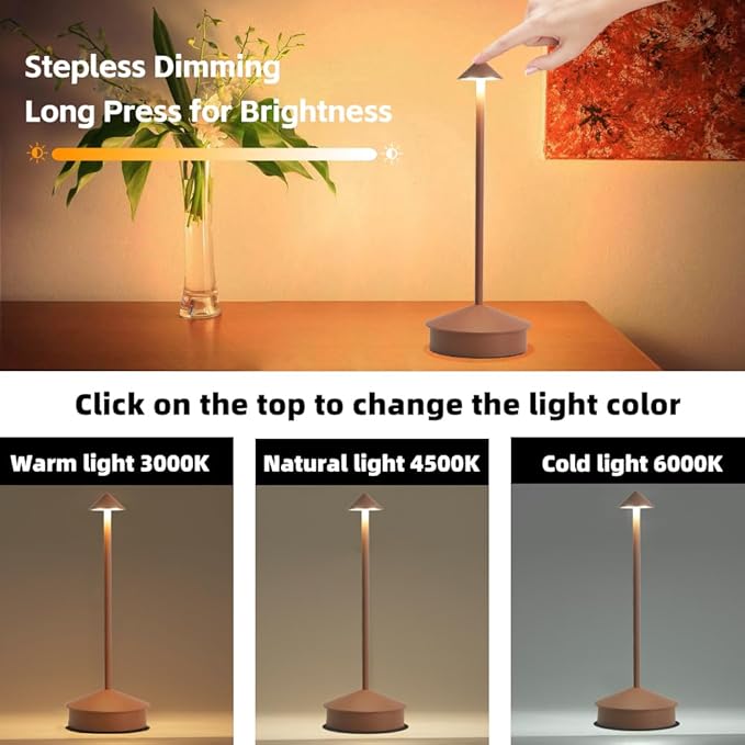 2 Pack Aluminum Cordless Table Lamp, 6000mAh Rechargeable Table Lamps, Portable Touch LED Lamp, Outdoor Waterproof Dimmable Cordless Rechargeable Table Lamps for Restaurant/Patio- Black (1 Pcs Brown)