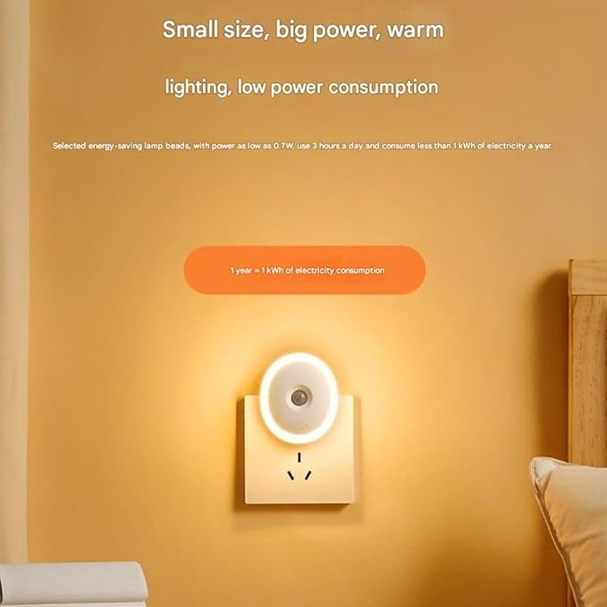 Plug-in Motion Sensor Night Light — Energy-Saving 0.7W Warm White, Auto On/Off (3–5m) & Ambient Light Sensing, Flicker-Free Eye-Care LED — Hallway, Bathroom, Bedroom, Nursery, Stairs