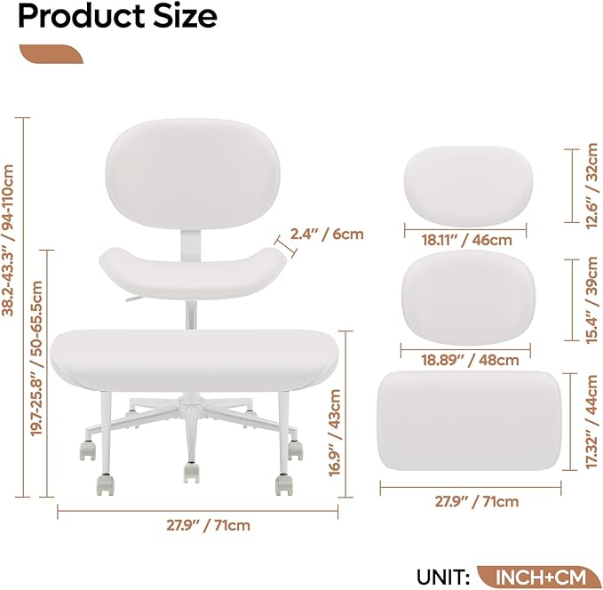 Cross-Legged Meditation Chair, ADHD Friendly Armless Office Chair with Footrest, PU Leather Wide Seat Desk Chair for Focus, Calm Sitting & Home Office, Off White