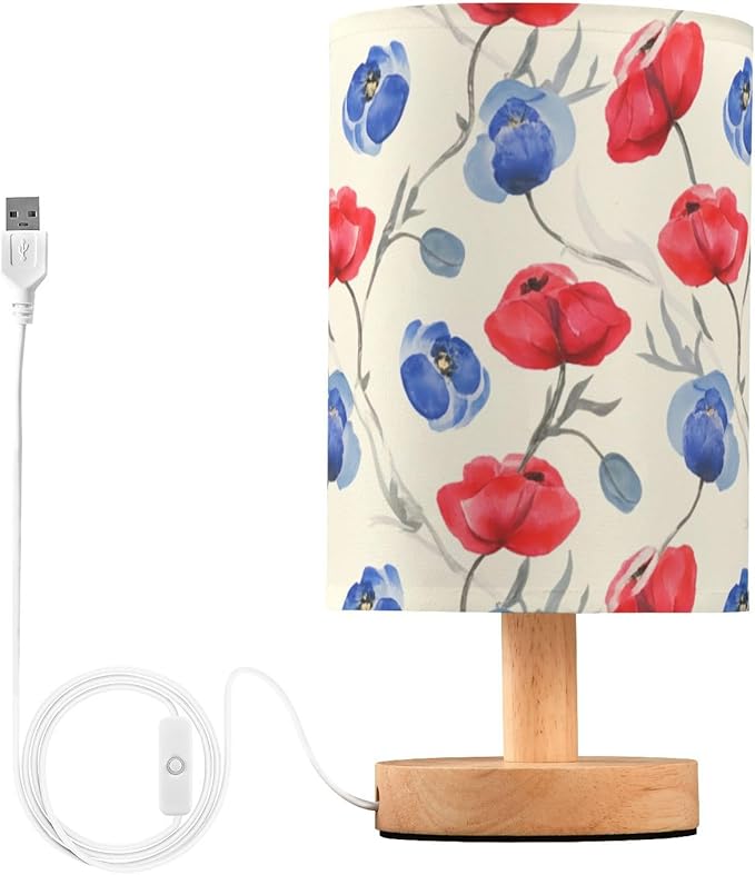 Red Floral LED Table Lamp, Bedside Lamp with Linen Lampshade, Flicker-Free Eye Care USB Plug in Nightstand Lamp, for Bedroom and Office
