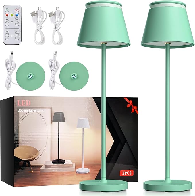 Cordless Table Lamp Set of 2 with Portable USB Rechargeable Dock, LED Wireless Touch Desk Lamps with Remote, 3 Color Stepless Dimmable, for Bedroom Night Lights Dining Outdoor Patio Restaurant
