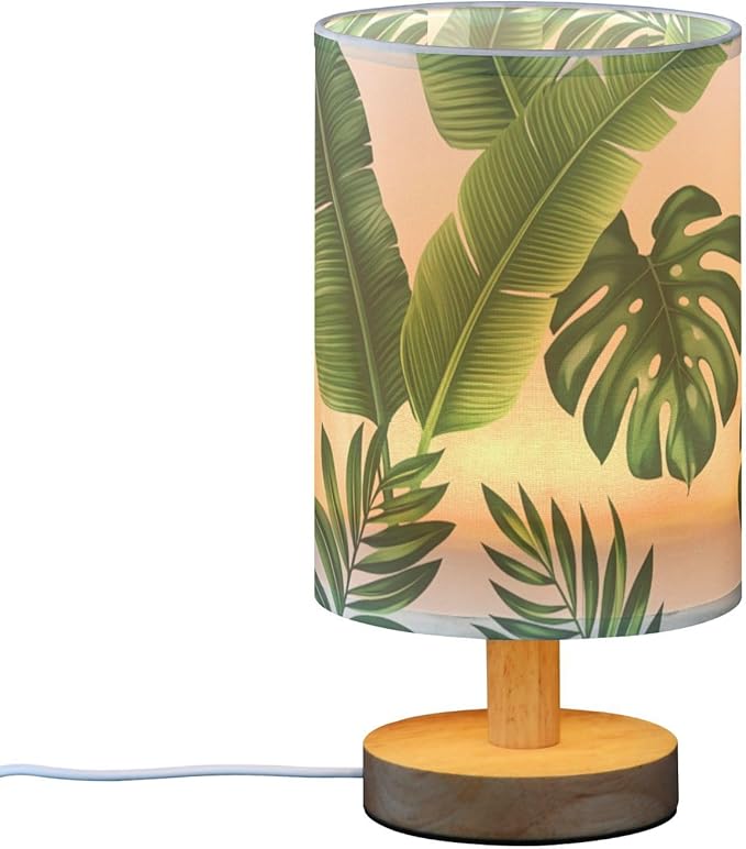 Tropical Leaf LED Table Lamp, Bedside Lamp with Linen Lampshade, Flicker-Free Eye Care USB Plug in Nightstand Lamp, for Bedroom and Office