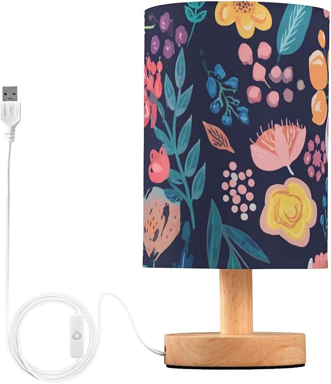 Colorful Floral LED Table Lamp, Bedside Lamp with Linen Lampshade, Flicker-Free Eye Care USB Plug in Nightstand Lamp, for Bedroom and Office
