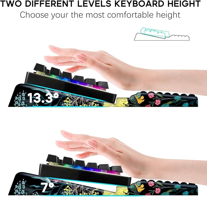 JIKIOU Keyboard Stand with Wrist Rest, Computer Keyboard Stand Pad with Non-Slip Base, Comfy Ergonomic Keyboard Riser Holder for Gaming Office Home 17.13x9.5 in (04Black Flowers)