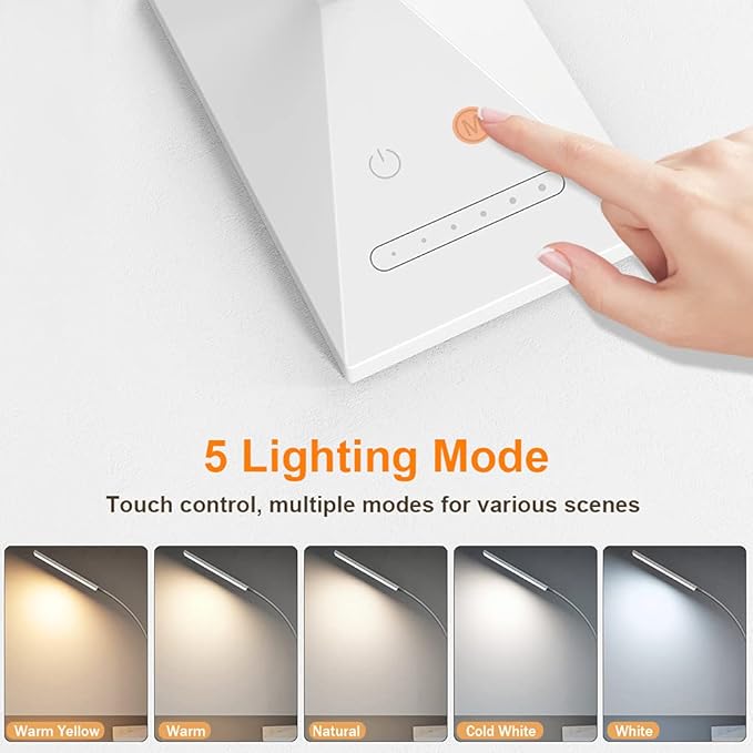 Vansuny LED Desk Lamp with USB Charging Port, Eye-Caring, 5 Color Modes,6 Brightness Levels, Touch Control, Adjustable Neck, Memory Function for Dorm Office Work Bedroom (12W,White)