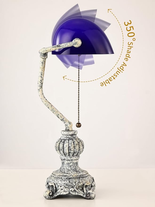 Newrays Retro Blue Glass Bankers Desk Lamp for Home Office,Library with Pull Chain Switch Plug in Fixture, LED Bulb Included