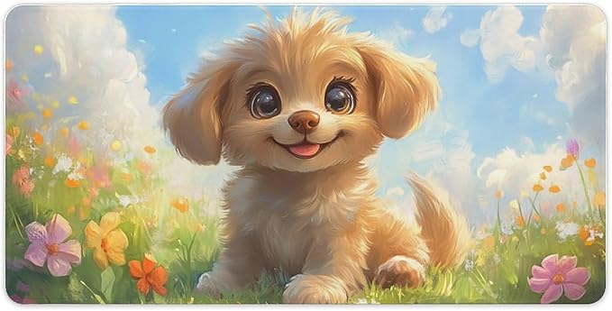 Large Ergonomic Gaming Mouse Pad Happy Puppy in Sunny Field - Lovable Dog Theme with Non-Slip Base Water-Resistant Surface and Stitched Edges 30x60cm