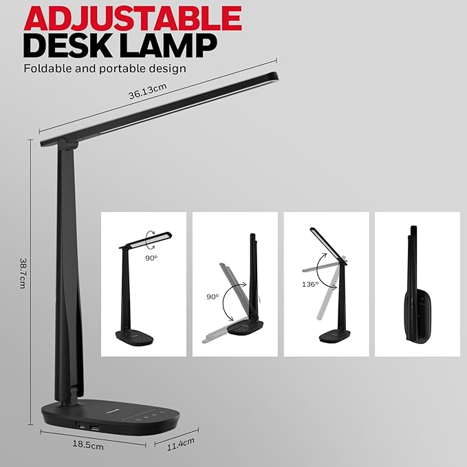 Honeywell HWT-H2 LED Desk Lamp, CRI94 Full Spectrum Eye-Caring Table Light, Foldable Dimmable 4 Color Modes with USB A+C Charging Ports for Home Office Bedroom Reading Study Work (Black)