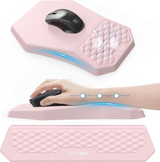 Ergonomic Mouse Pad and Keyboard Wrist Rest Support Set, Massage Design Mousepad for Carpal Tunnel, Memory Foam, Non-Slip PU Base for Computer Desk, Pink