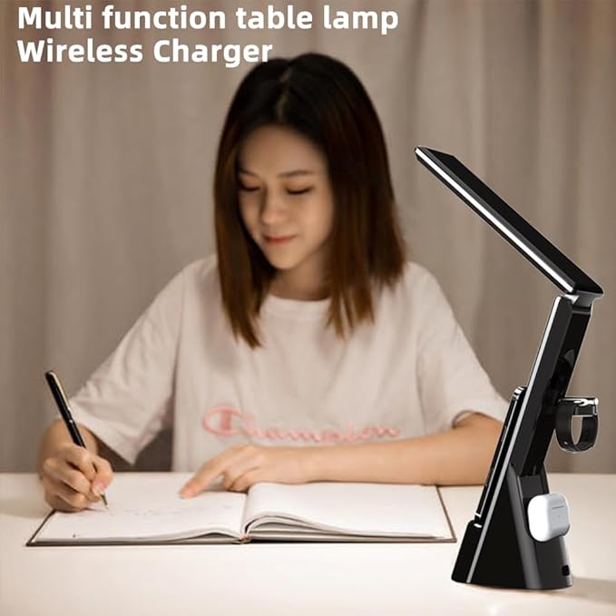 IHAO 6in1 Multifunctional Foldable LED Table Lamp with Wireless Charger Digital Alarm Clock Eye-Care Lighting 3 Color Modes 15W Qi Charger for Phone/Headphones, iWatch Charger Compatible-N61Black