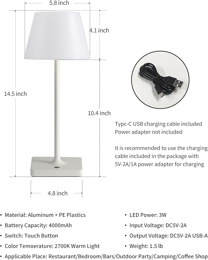 14.5" Small Cordless Touch Table Lamp White, Waterproof Shower Lamp, 4000mAh Rechargeable Portable Battery Powered Dimmable LED Desk Lamps for Outdoor, Restaurant, Bathroom, Camping, Nightlight