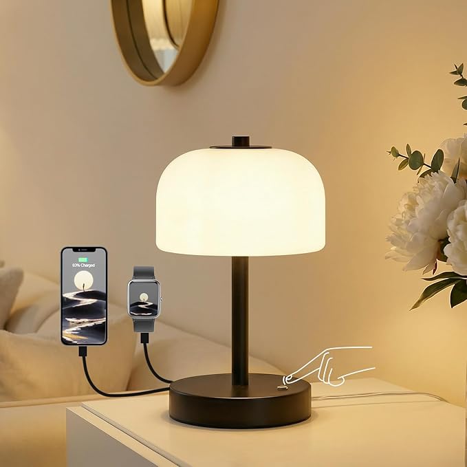 Oneach 9" Touch Control Black Table Lamp with USB A+C Charging Ports, Dimmable LED Bedside Lamp with 3 Color Temperatures, Small Modern Table Lamps for Bedroom Nightstand Living Room