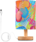 Tropical Floral LED Table Lamp, Bedside Lamp with Linen Lampshade, Flicker-Free Eye Care USB Plug in Nightstand Lamp, for Bedroom and Office
