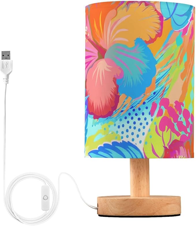 Tropical Floral LED Table Lamp, Bedside Lamp with Linen Lampshade, Flicker-Free Eye Care USB Plug in Nightstand Lamp, for Bedroom and Office