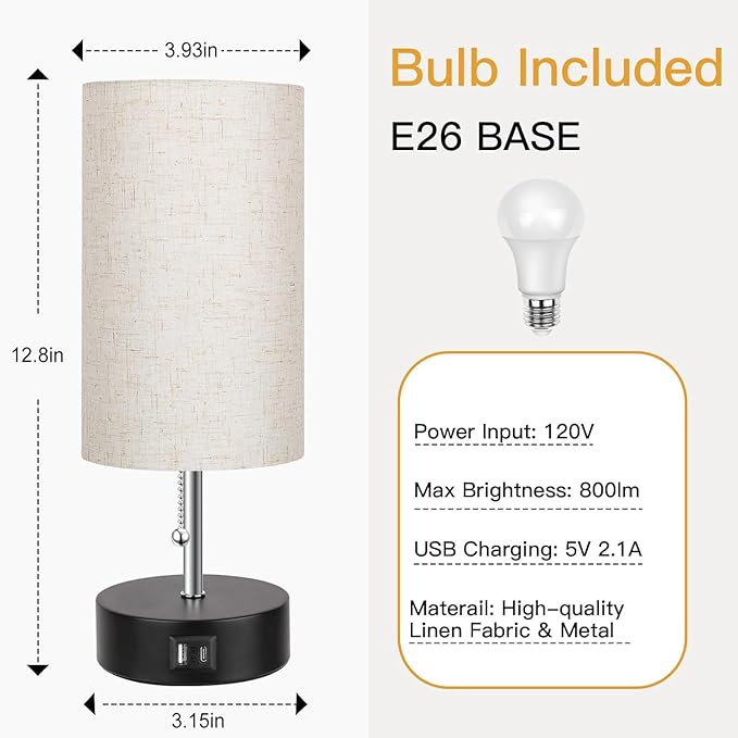 ROTTOGOON 3-Color Temperature Bedside Lamp Nightstand Lamp with USB A Port and C Port, Table Lamp for Bedroom with LED Bulb Small Lamps for Living Room (Otmeal)