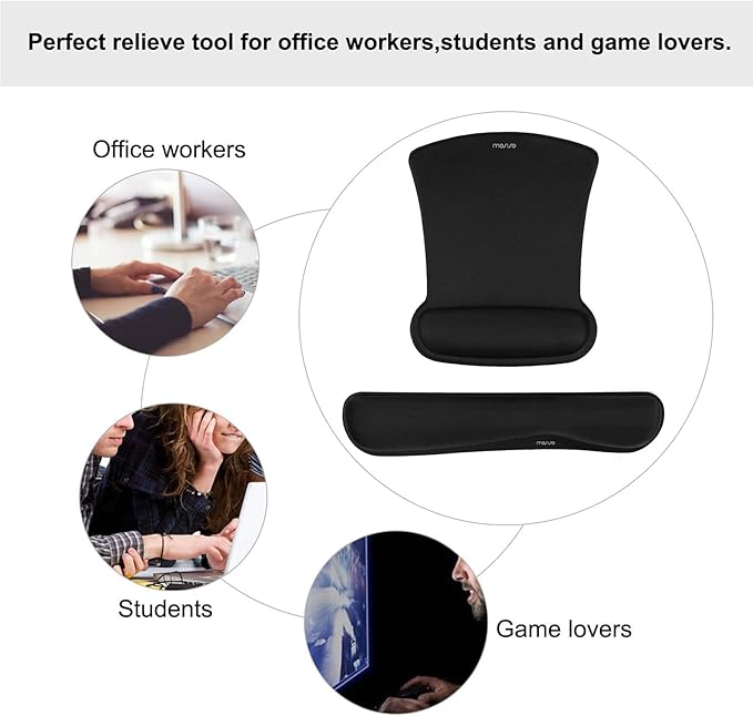 MOSISO Wrist Rest Support for Mouse Pad & Keyboard Set, Ergonomic Mousepad Non-Slip Base Home/Office Easy Typing Cushion with Neoprene Cloth & Raised Memory Foam, Black