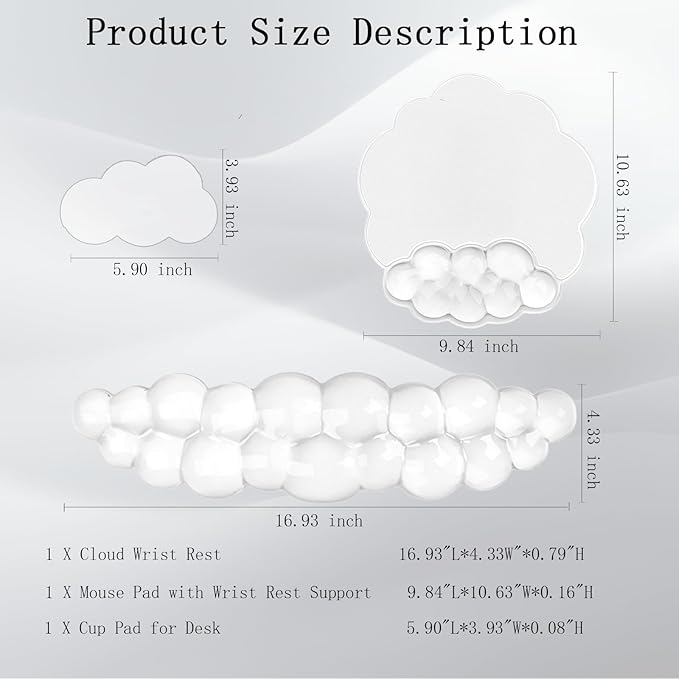 Gel Cloud Wrist Rest for Keyboard and Mouse Clear Mouse Pad with Wrist Rest 3PCS Ergonomic Cool Keyboard Wrist Pad Cute Acrylic Coaster Non-Slip Cute Transparent Mouse Wrist Pad for Computer Keyboard
