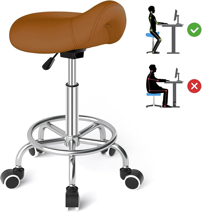 YEEZEE Saddle Stool Ergonomic- Comfortable Rolling Saddle Stool with Wide Thick Saddle Seat Padding, Swivel Adjustable Saddle Chair with Wheels and Ring Pedal for Medical Massage Salon (Brown)