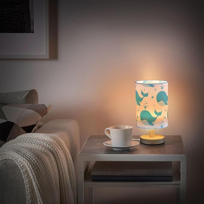 Blue Whale LED Table Lamp, Bedside Lamp with Linen Lampshade, Flicker-Free Eye Care USB Plug in Nightstand Lamp, for Bedroom and Office