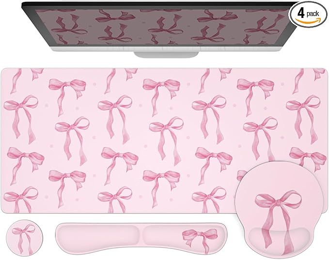 Ovenbird Mouse Pad Set 4-in-1 | Large Gaming Mousepad, Keyboard Wrist Rest, Mouse Wrist Support, Coaster | Ergonomic Office Desk Mat Accessories for Women Men | 4PCS, 35.4 x 15.7in, Pink Bow