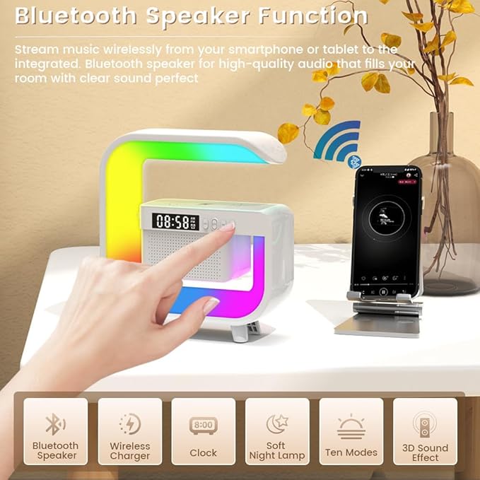 Smart LED Table Lamp, Wireless Charger with 10W Fast Charging and Sunrise Alarm Clock, Bluetooth Speaker Lamp for Bedroom, Office, and Living Room Ambiance