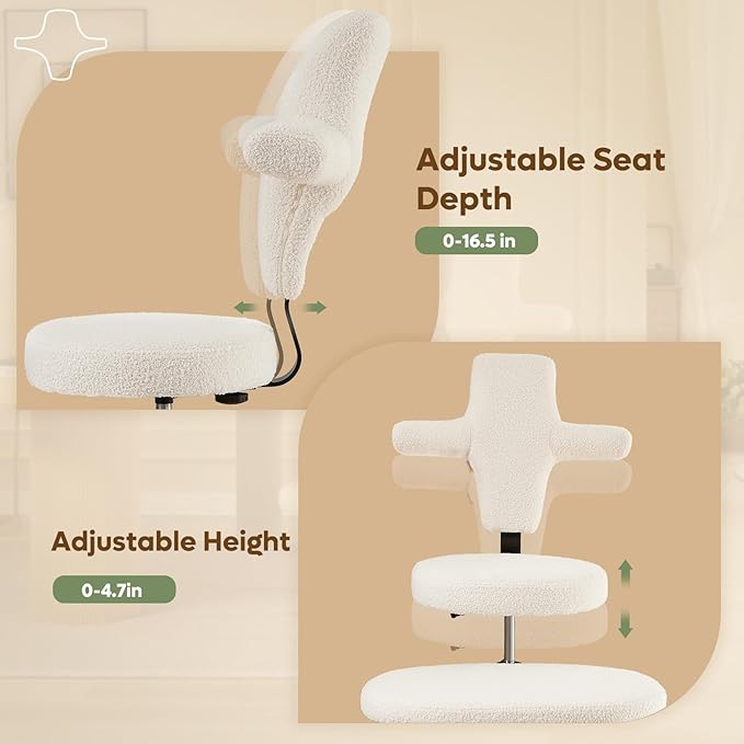 Ergonomic Cross Legged Office Chair Extra Wide for ADHD and Meditation, Kneeling Chair with 360° Swivel Wheels and Reversible Seating, Adjustable Height and Seat Deapth, Teddy Fabric, White