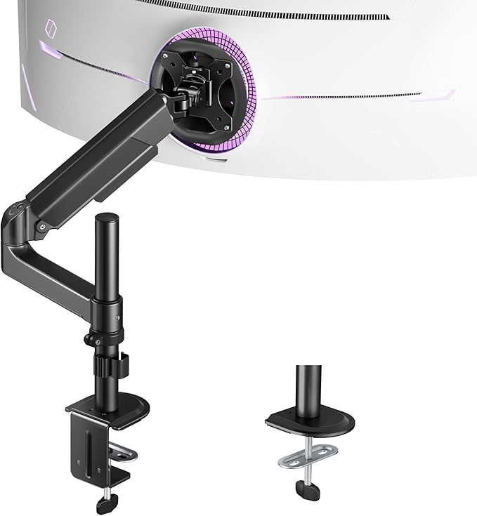ARES WING Single Monitor Mount - Ultrawide Monitor Arm for 40 34 32 27 Inch Heavy Duty Curved Screen Up to 26.4 lbs with Clamp/Grommet Desk Mount, 75/100 Vesa Mount, Black