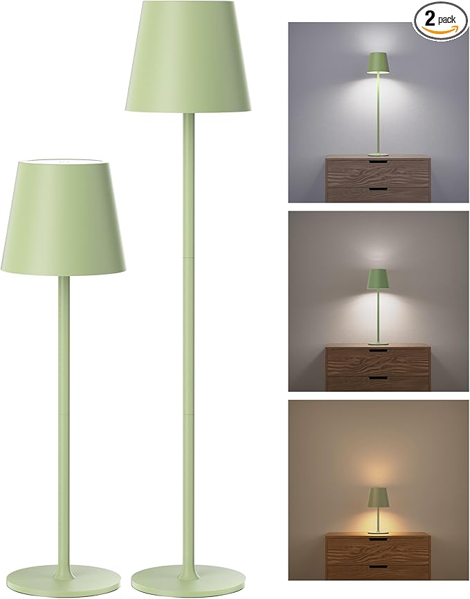 Cordless Table Lamps Rechargeable, 3 Adjustable Height, 5000mAh Battery Operated, 3 Colors Smooth Dimming, Portable LED Waterproof Table Lamp for Kitchen, Bedroom, Outdoor (2 Pack-Mint Green)