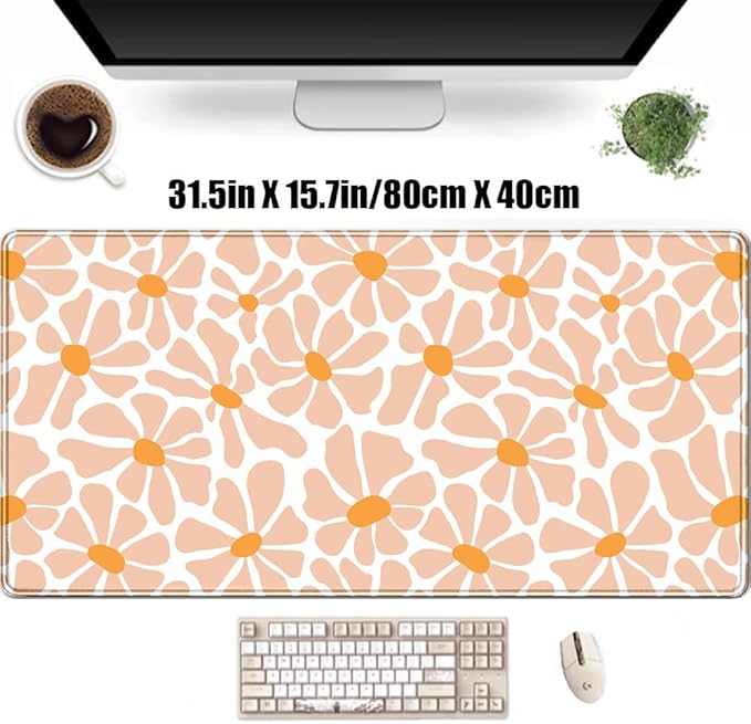 Boho Groovy Floral Leaf Mouse Pad Xl-31.5x15.7in-Desk Mousepad-Extended Aesthetic Keyboard Mouse Pad-for Desk Kid Girl with Stitched Edges Non-Slip Cozy Office Decor