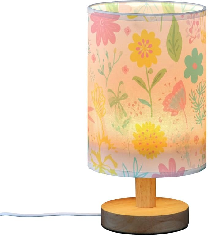 Colorful Floral LED Table Lamp, Bedside Lamp with Linen Lampshade, Flicker-Free Eye Care USB Plug in Nightstand Lamp, for Bedroom and Office